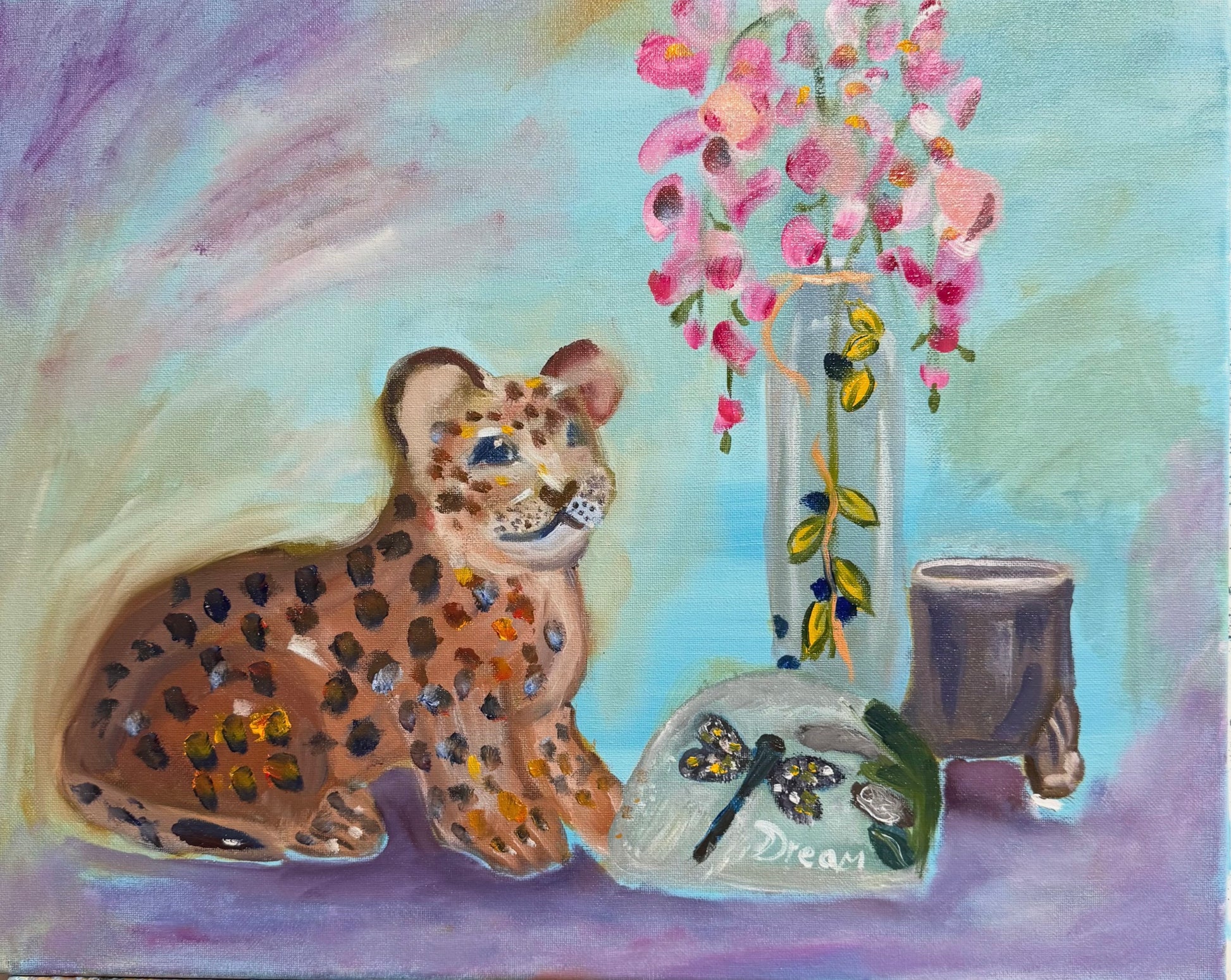 Original oil Painting by Raquel Roysdon of a leopard with flowers and a jar on a colorful background
