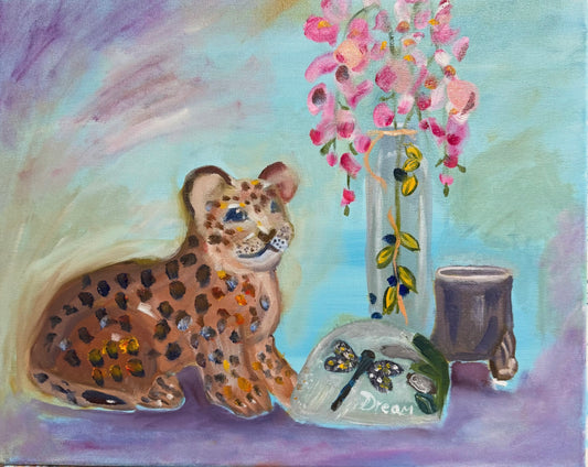 Original oil Painting by Raquel Roysdon of a leopard with flowers and a jar on a colorful background