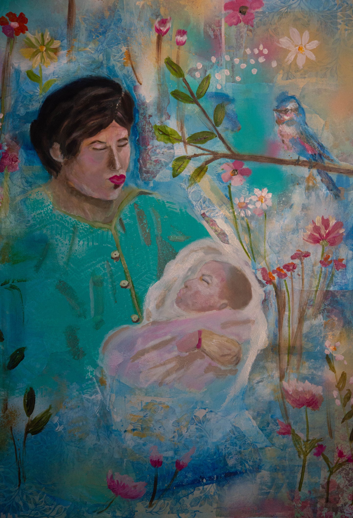 Original oil painting by Raquel Roysdon of a woman holding a baby amidst flowers and birds