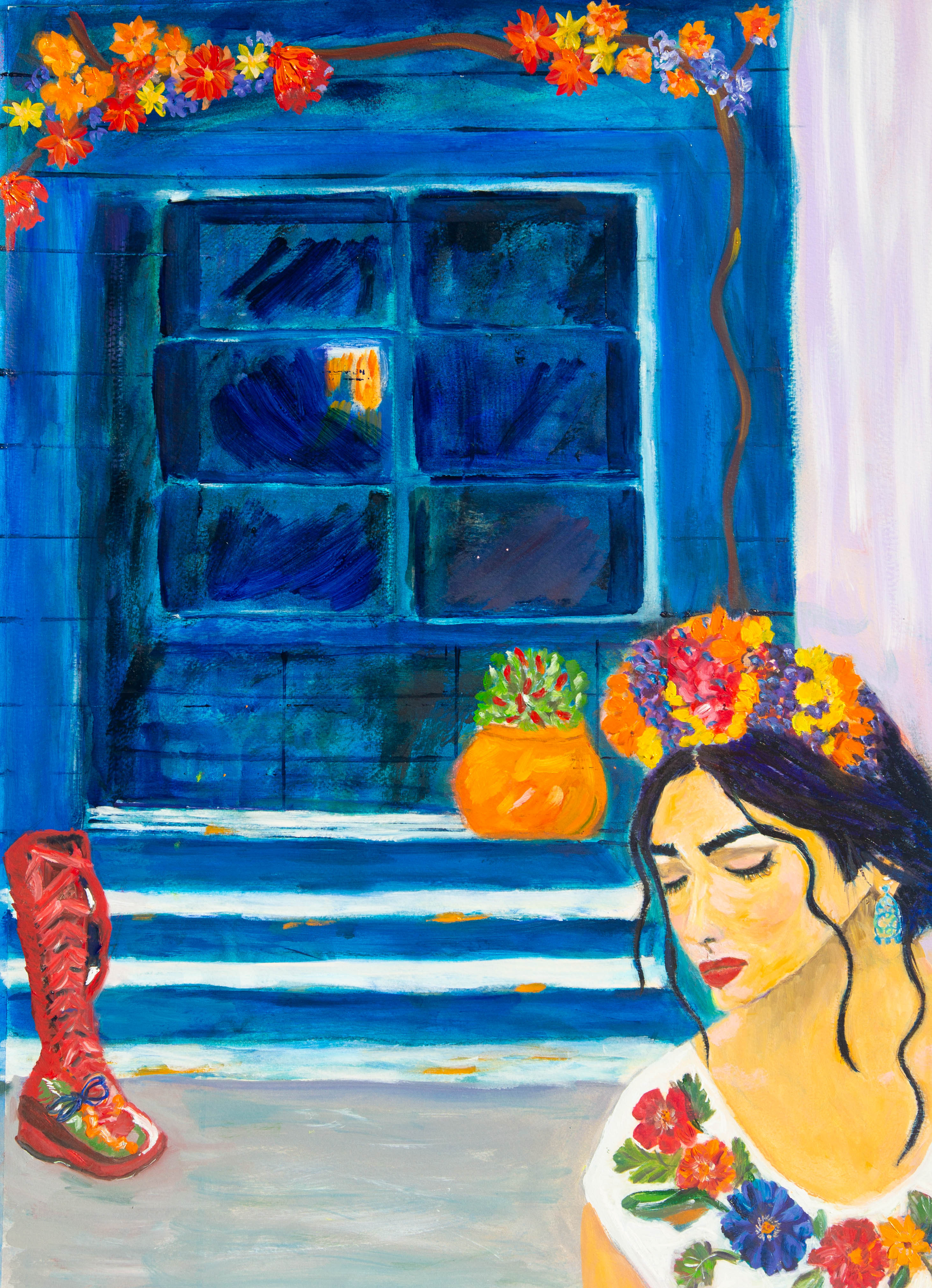 Original oil painting by Raquel Roysdon of a Woman with floral headpiece and boots in front of a blue door with flowers above.