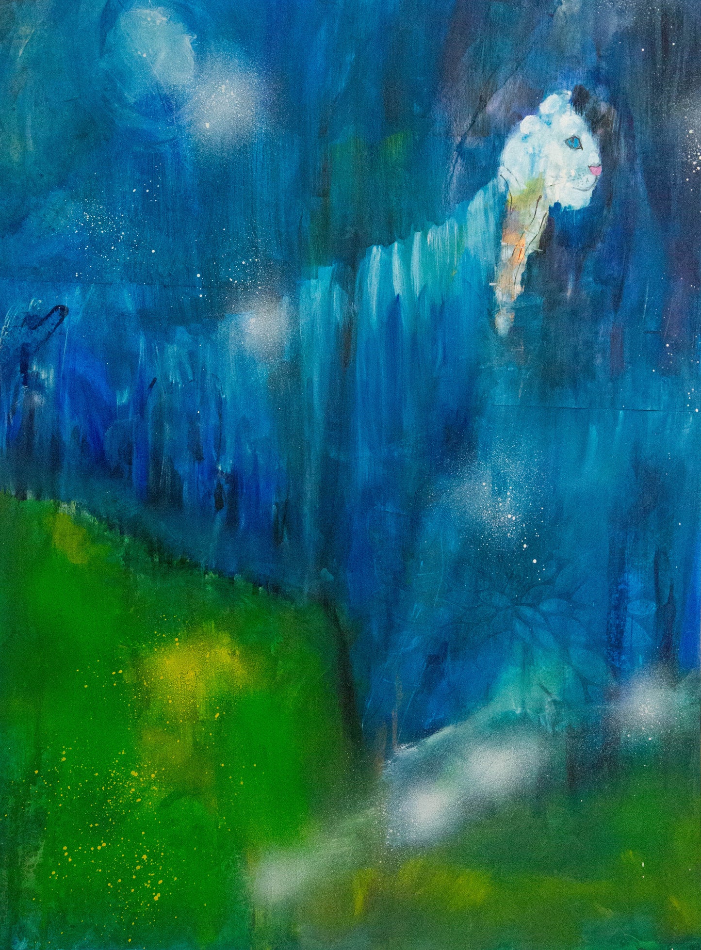 Original oil painting by Raquel Roysdon with blue, green, and white colors