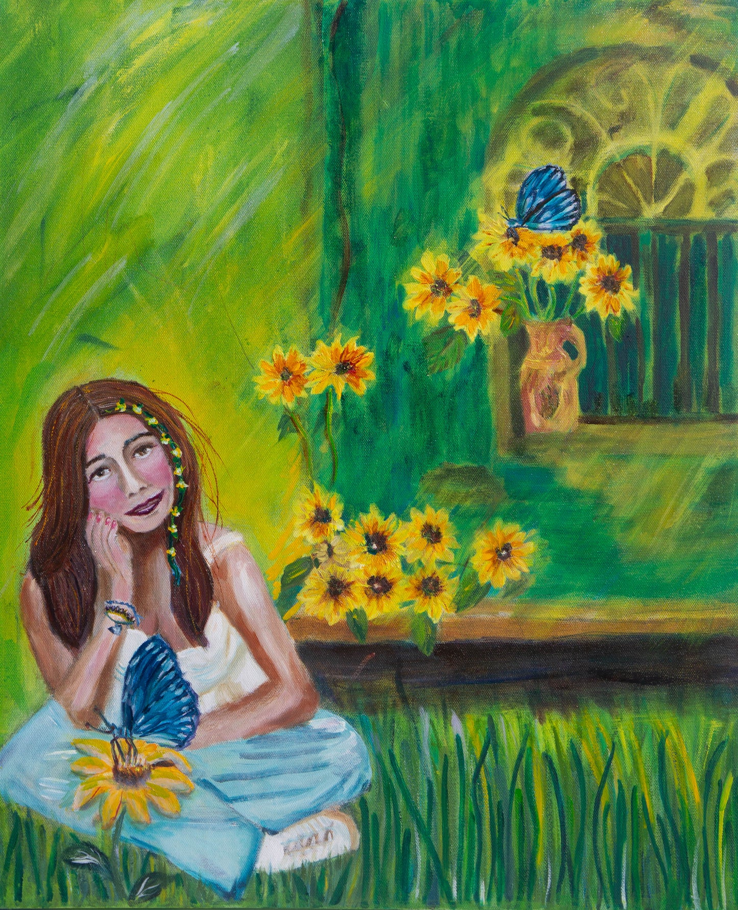 Original oil Painting by Raquel Roysdon of a woman sitting in a garden with sunflowers and a butterfly.