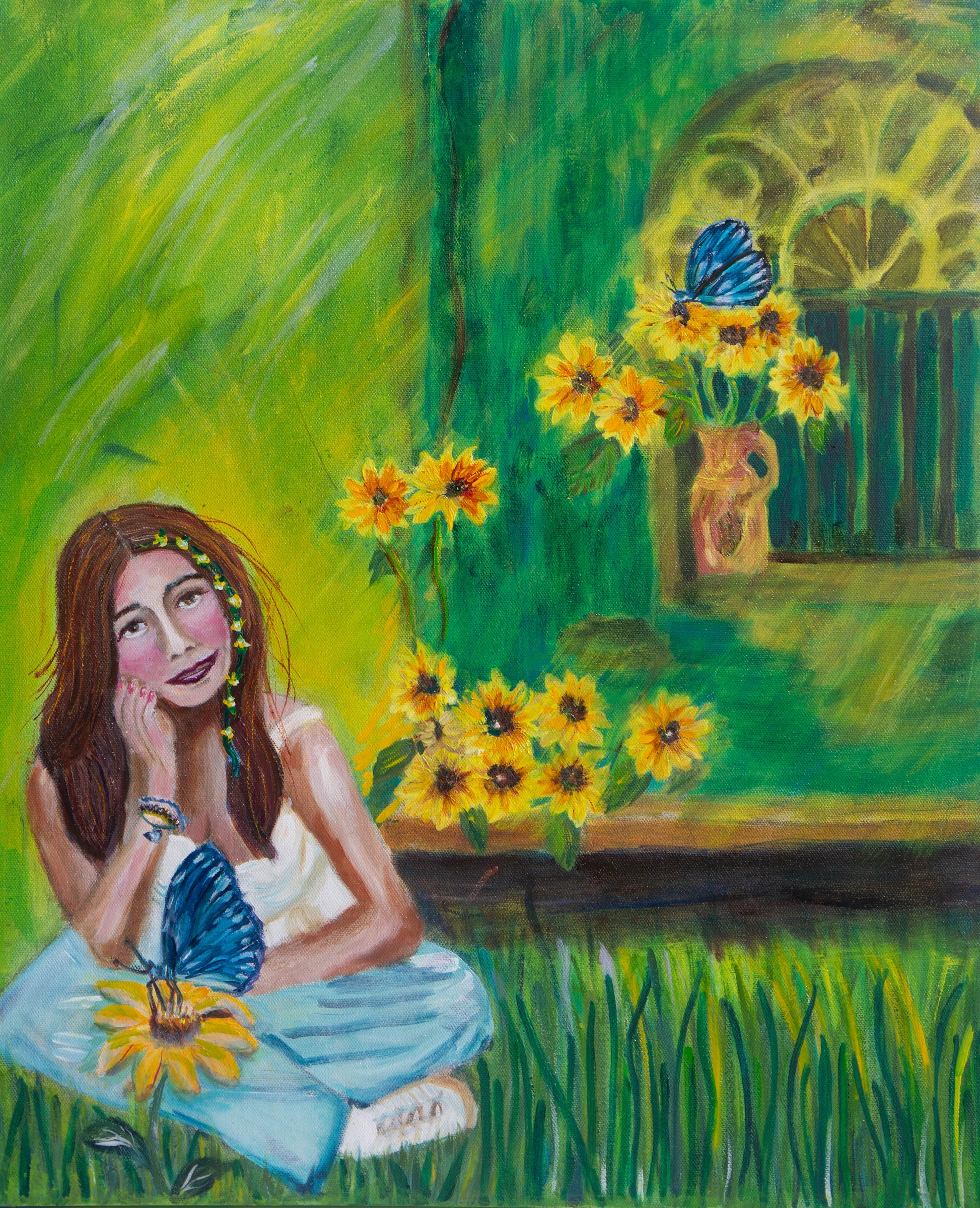 Original oil Painting by Raquel Roysdon of a woman sitting in a garden with sunflowers and a butterfly.