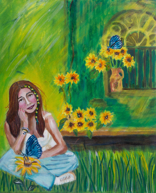 Original oil Painting by Raquel Roysdon of a woman sitting in a garden with sunflowers and a butterfly.