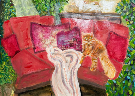 Original oil Painting by Raquel Roysdon of a red sofa with a cat and pink cushions, surrounded by green foliage.