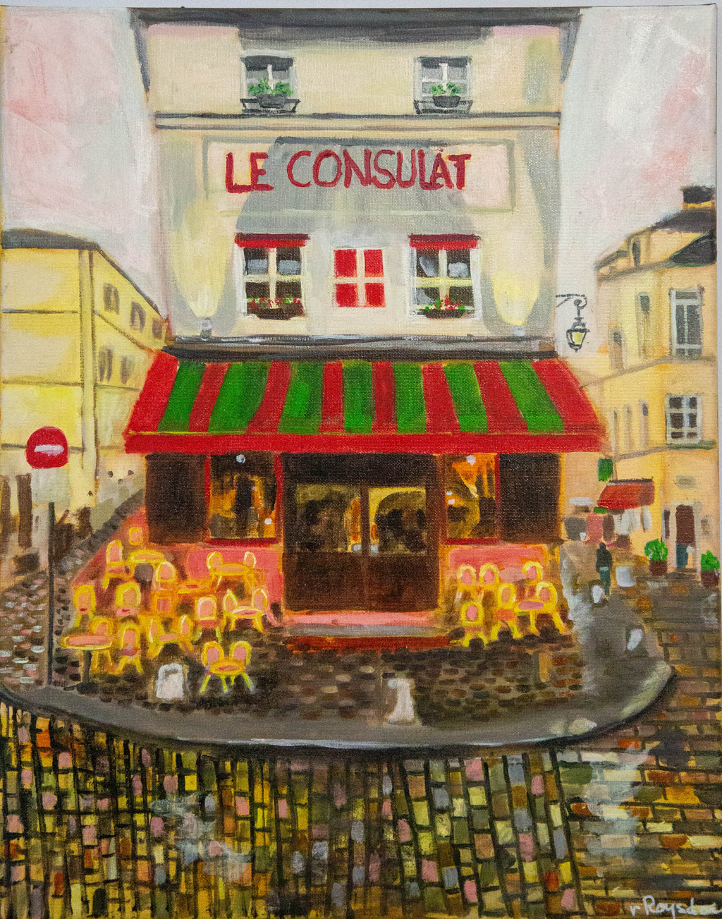 Original oil painting by Raquel Roysdon of a café named 'Le Consulat' with a red and green striped awning on a street scene.