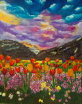 Original oil painting by Raquel Roysdon of a Colorful landscape with flowers and mountains under a vibrant sky