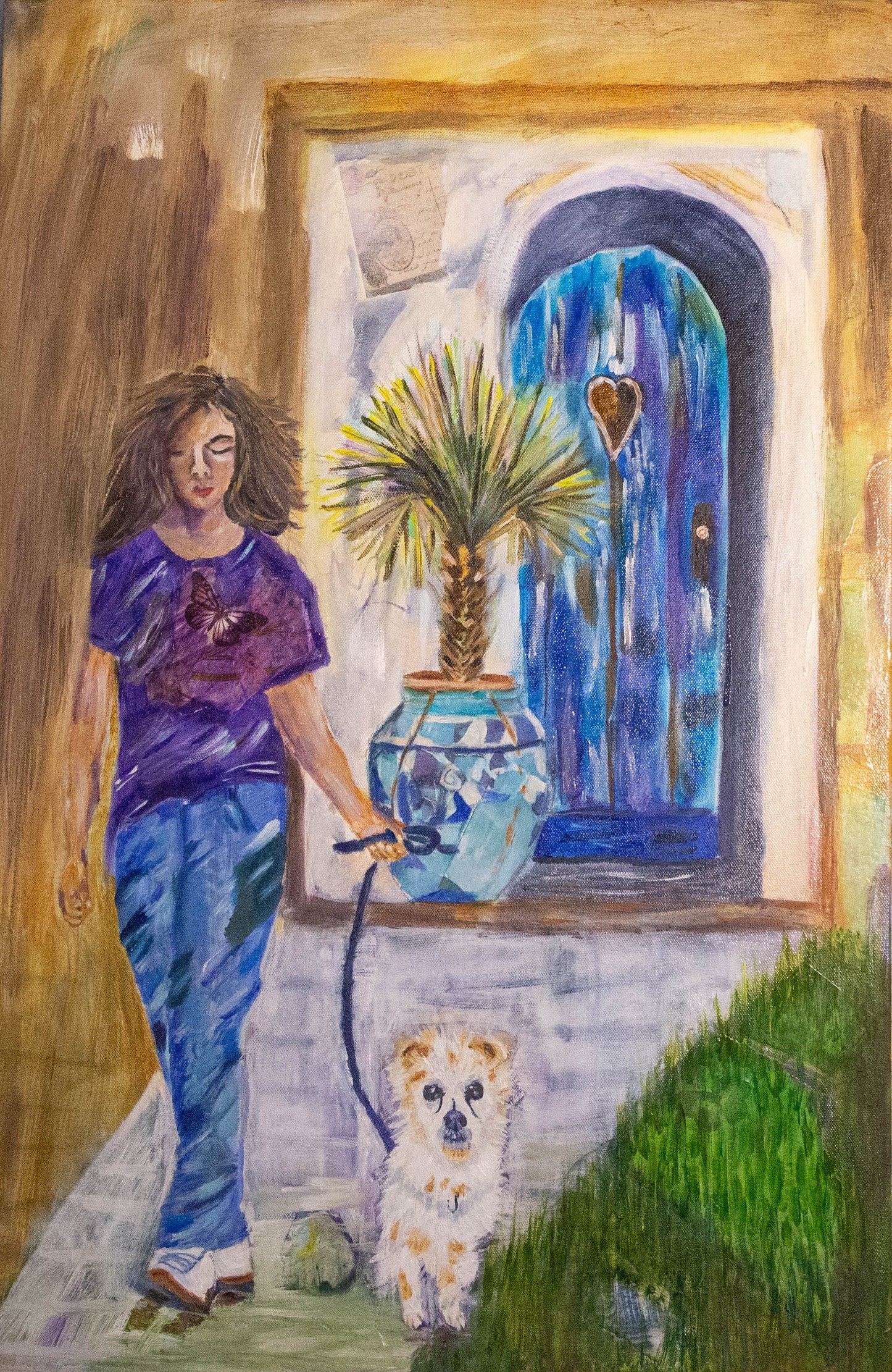 Original oil painting by Raquel Roysdon  woman walking a dog with a decorative door and plant in the background