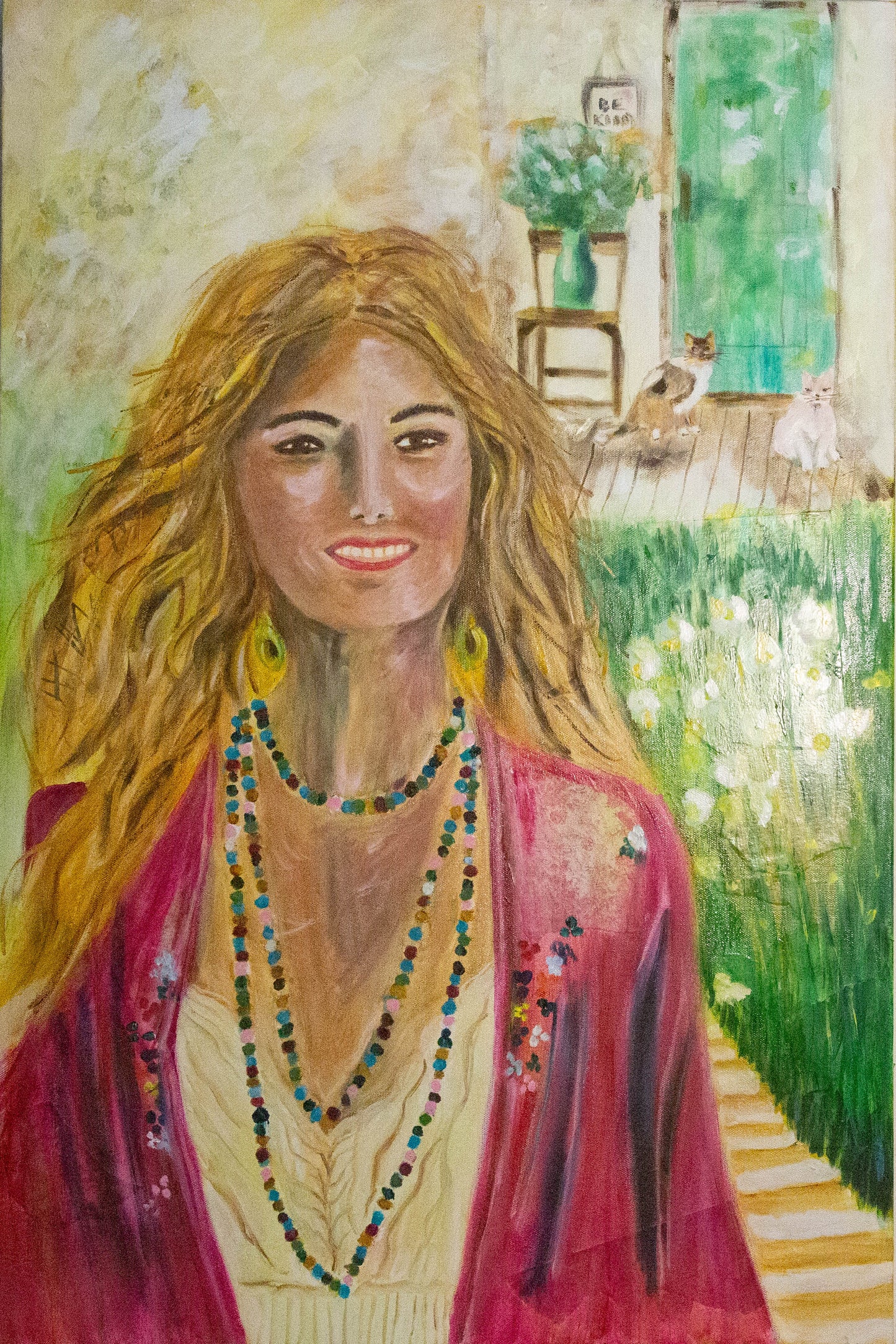 Original oil Painting by Raquel Roysdon of a woman with long hair and a garden in the background.