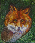 Original oil painting by Raquel Roysdon of  a fox peeking from behind green foliage