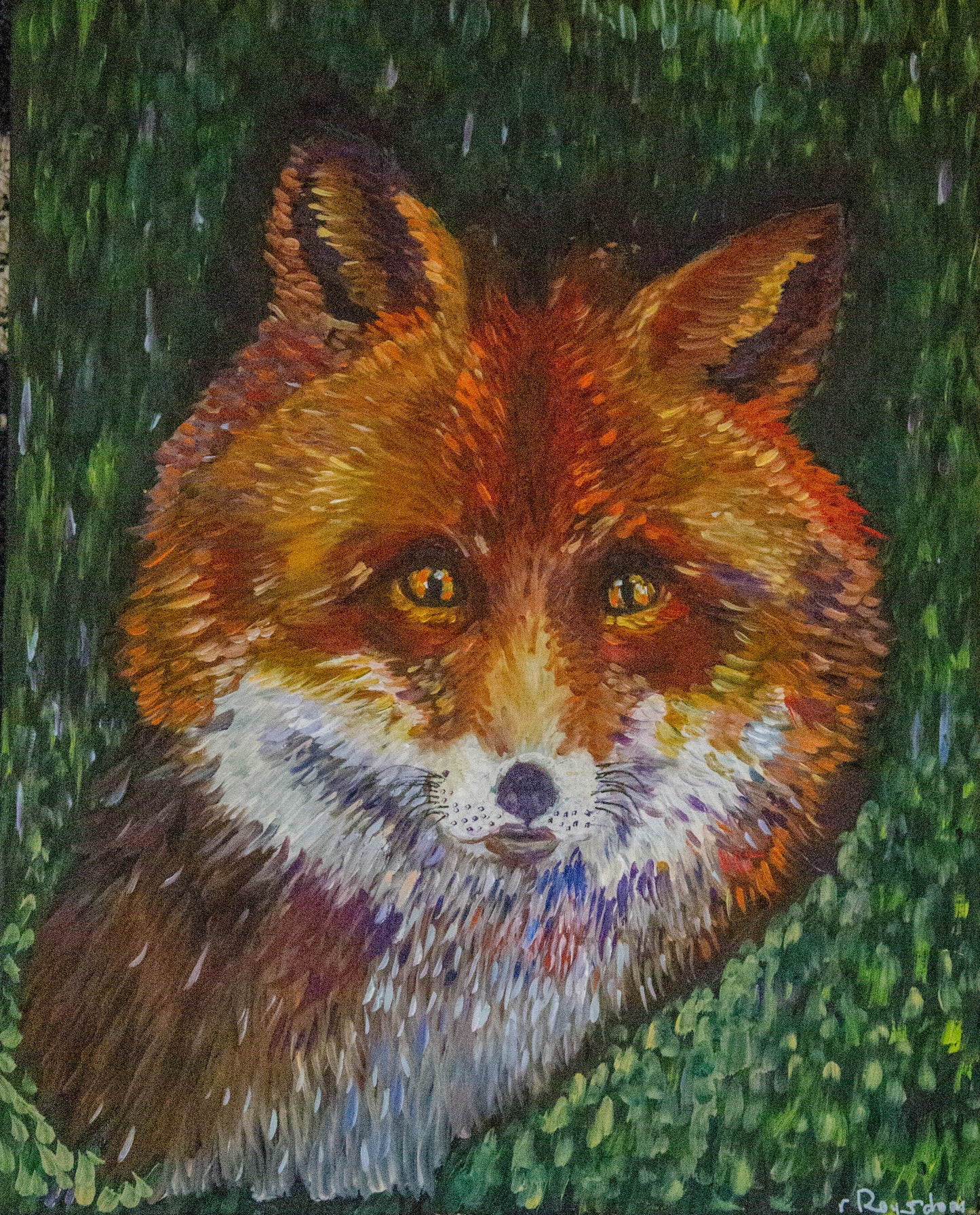 Original oil painting by Raquel Roysdon of  a fox peeking from behind green foliage