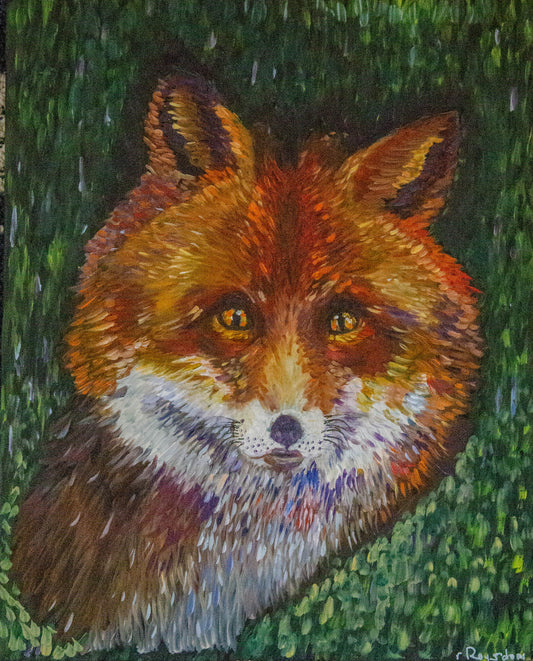 Original oil painting by Raquel Roysdon of  a fox peeking from behind green foliage