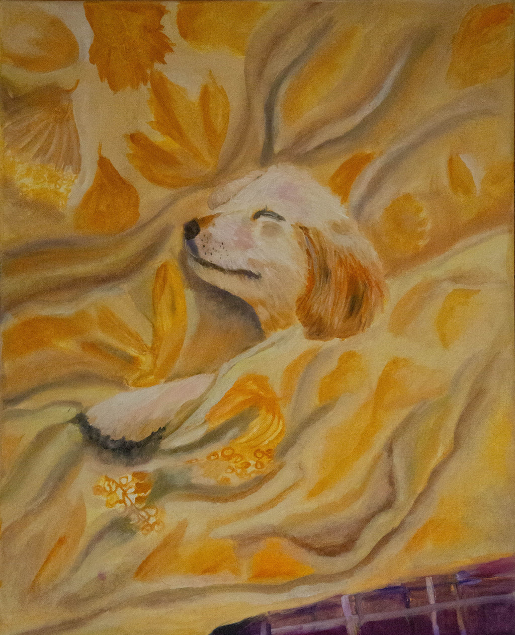 Original oil Painting  by Raquel Roysdon of a dog lying down with a warm, yellow-toned background