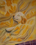 Original oil Painting  by Raquel Roysdon of a dog lying down with a warm, yellow-toned background