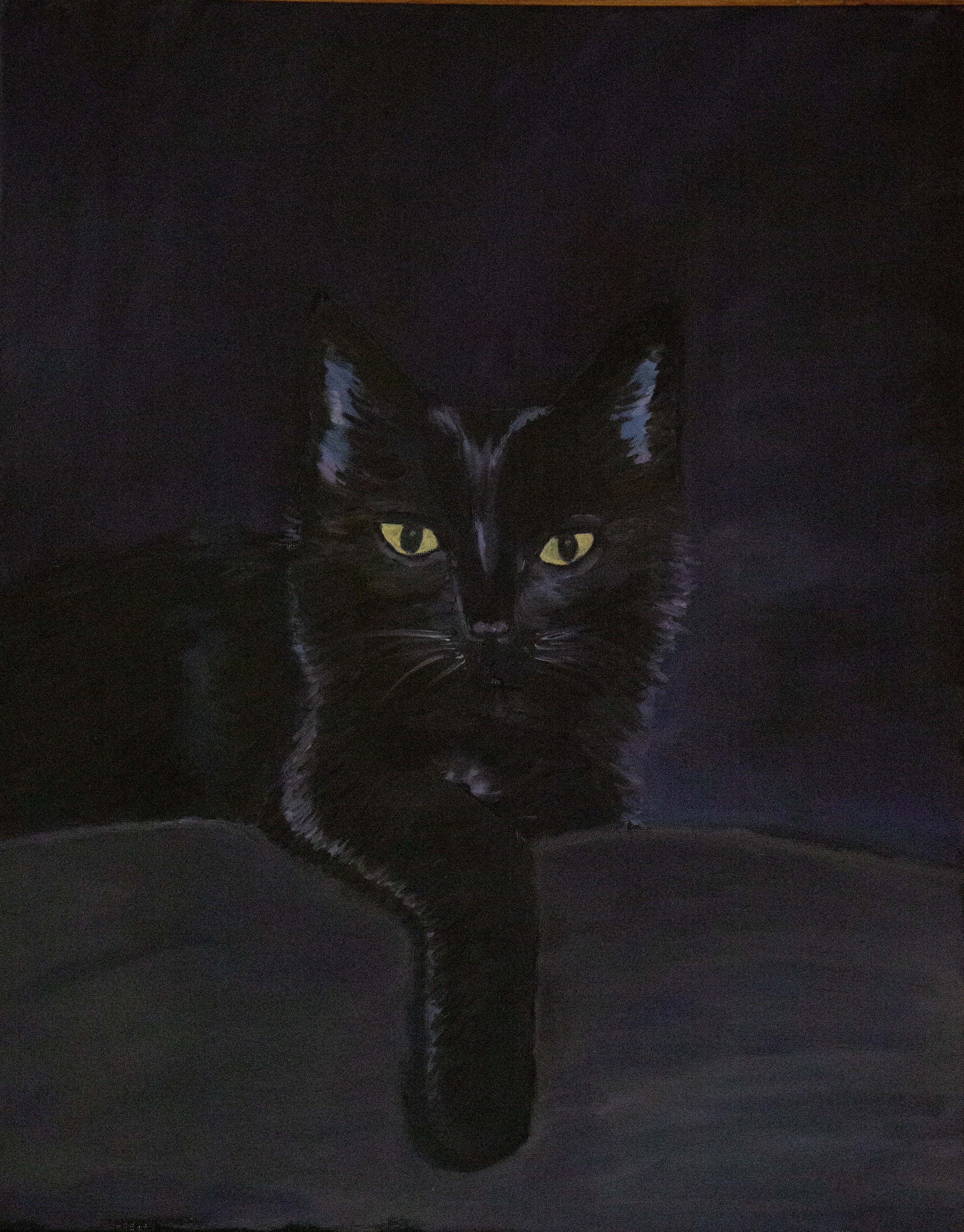 Original oil painting by Raquel Roysdon of a Black cat with glowing yellow eyes on a dark background