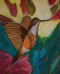 Original oil painting by Raquel Roysdon of a hummingbird among flowers