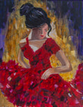 Original oil Painting by Raquel Roysdon of a woman in a red dress with a floral background