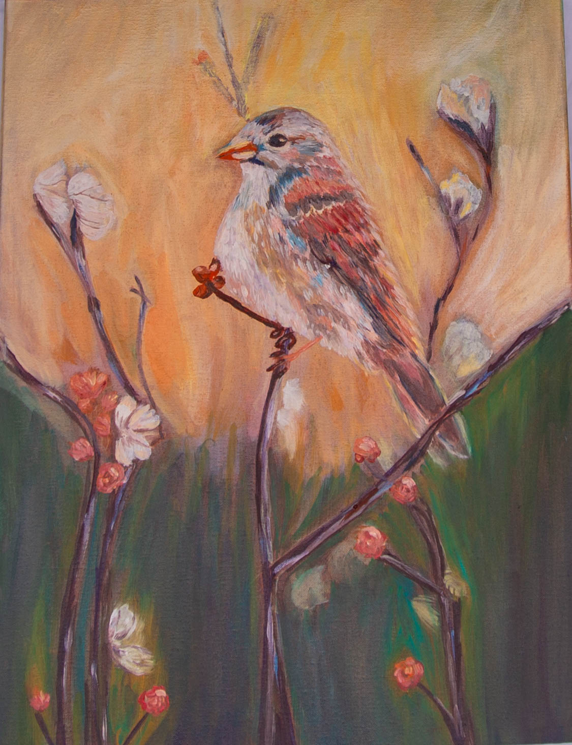 Original oil Painting by Raquel Roysdon of a bird perched on a branch with flowers and leaves.