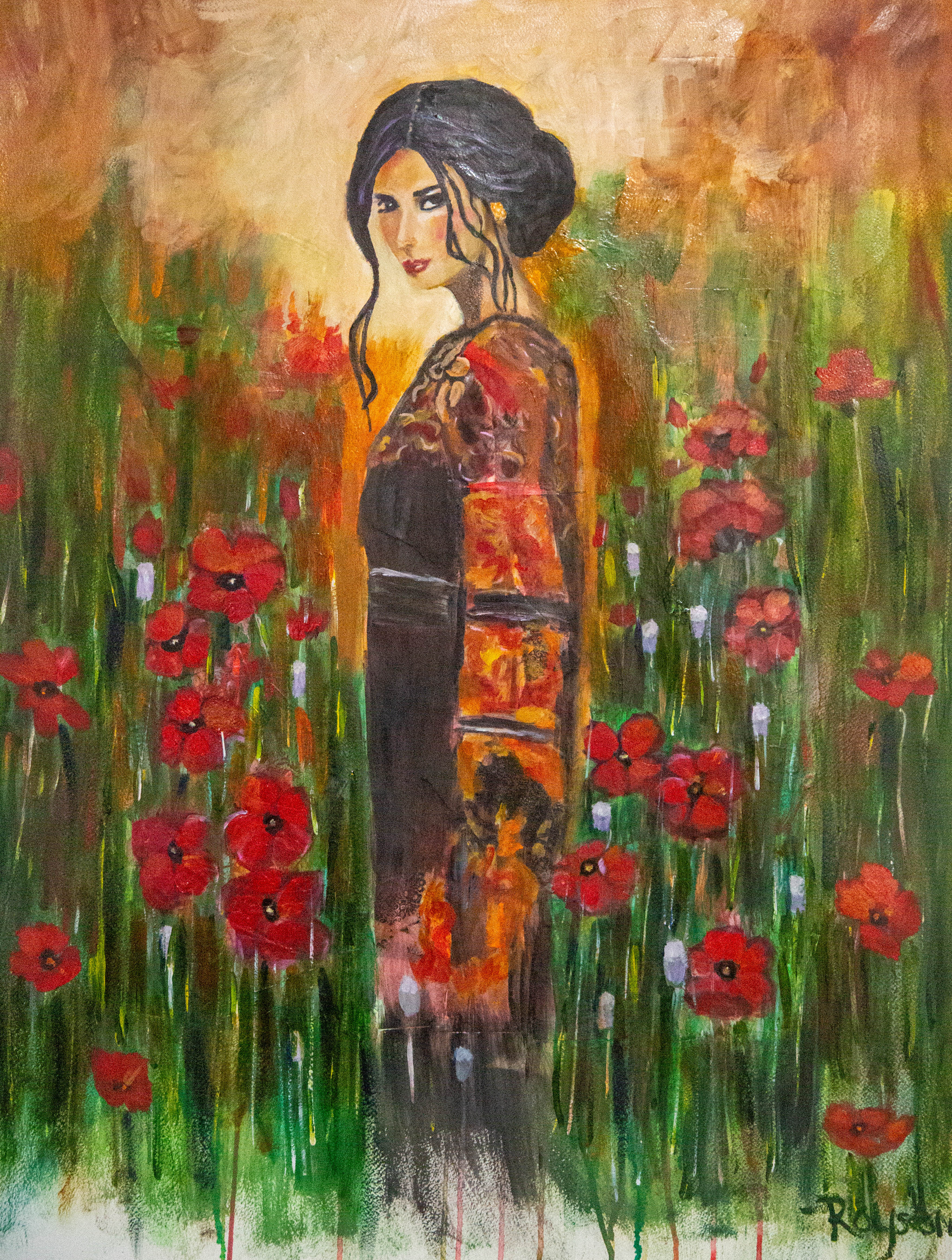 Original oil painting by Raquel Roysdon of a woman standing amidst red flowers with a warm color palette.