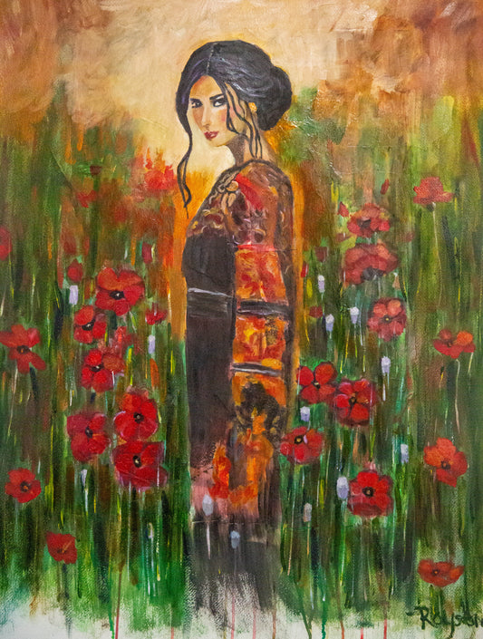 Original oil painting by Raquel Roysdon of a woman standing amidst red flowers with a warm color palette.