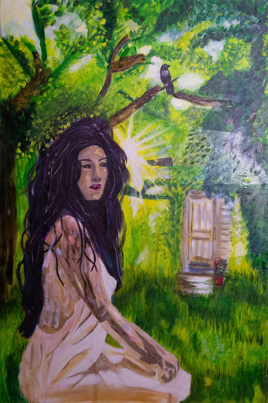 Listening to the Forest original oil painting  by Raquel Roysdon, woman in forest with glowing doorway