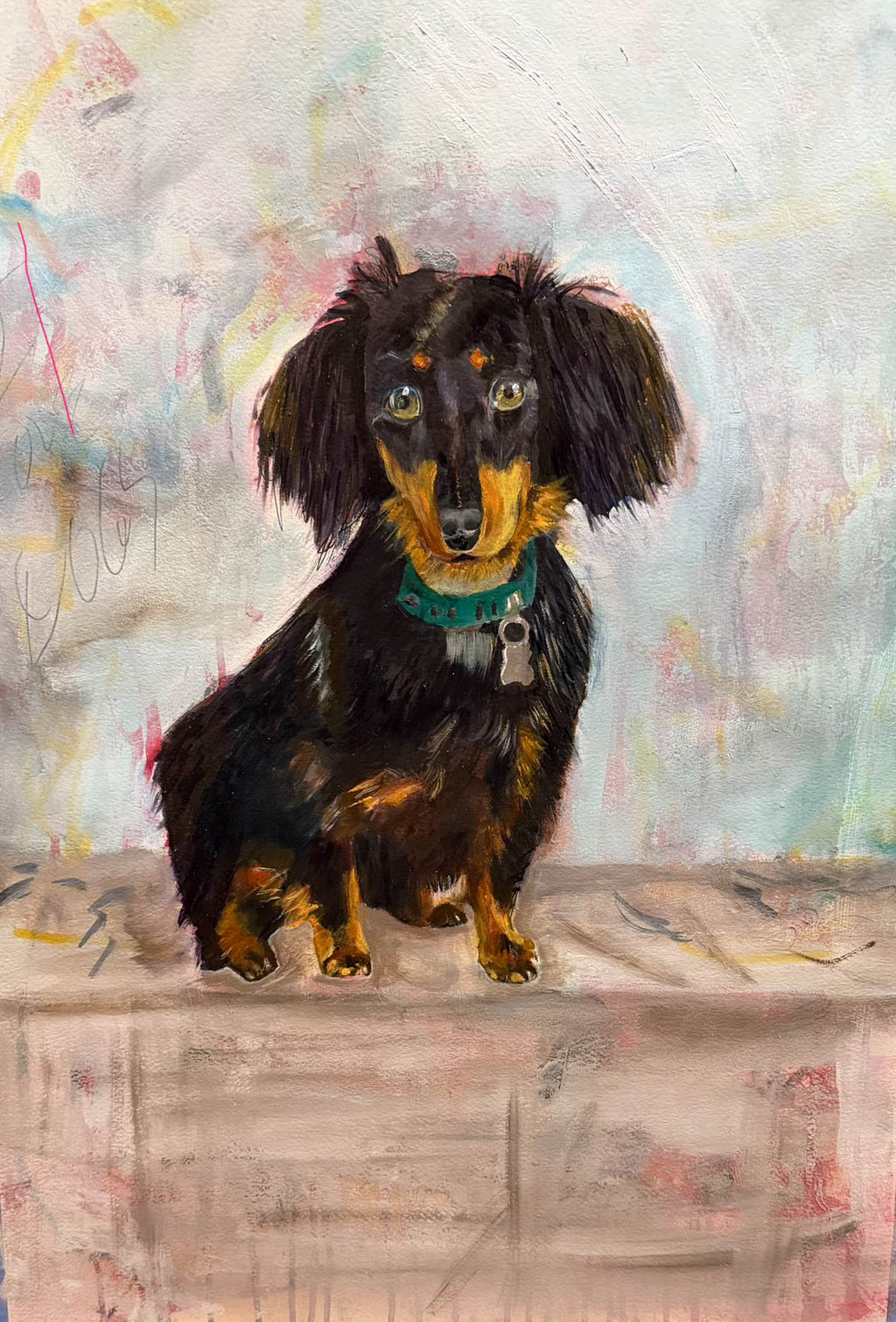 Original oil painting by Raquel Roysdon of a dachshund on a textured surface