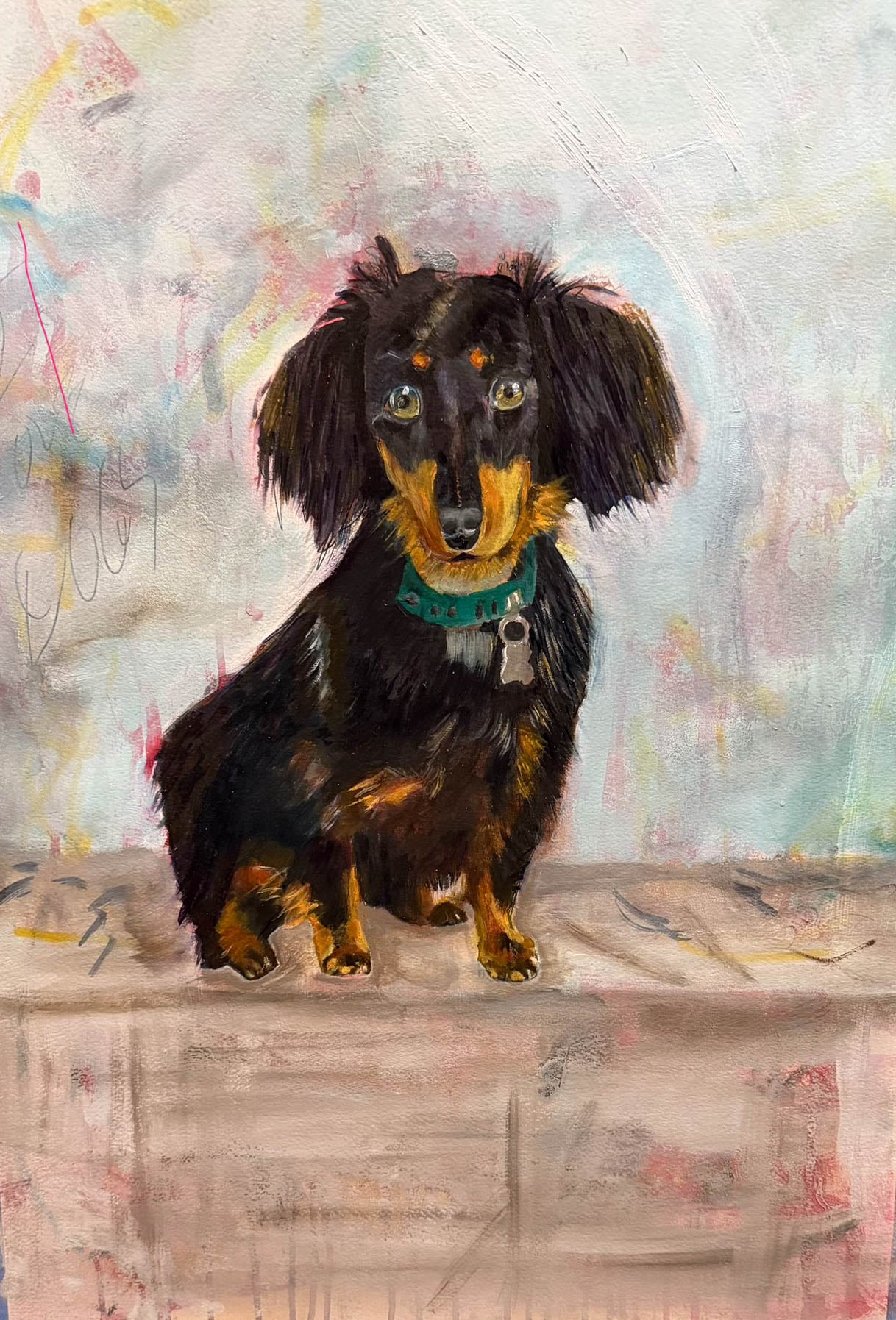 Original oil painting by Raquel Roysdon of a dachshund on a textured surface