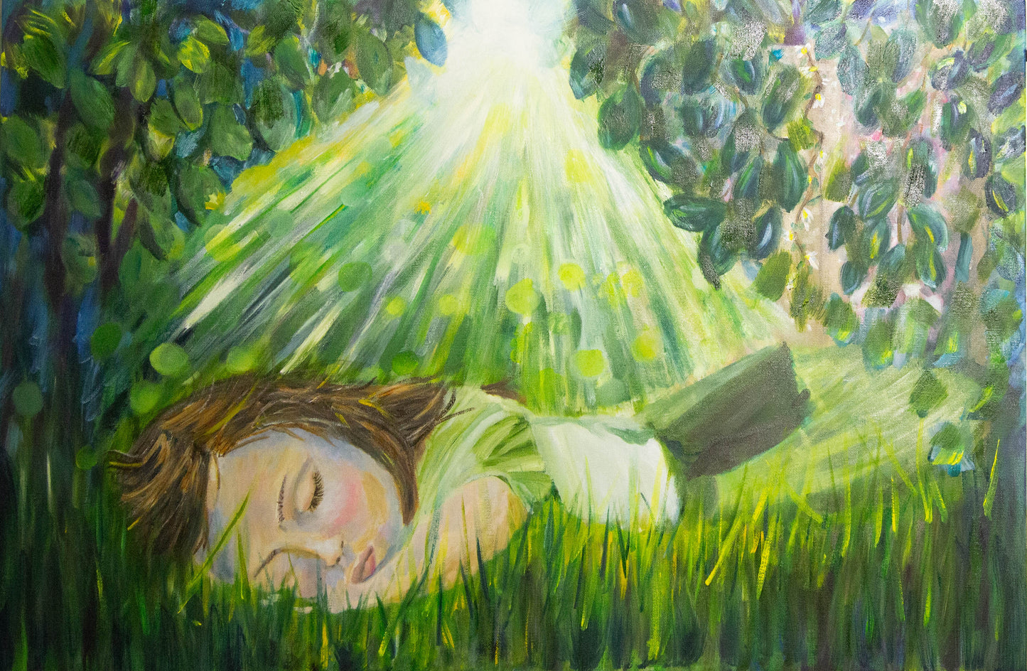 Original oil painting by Raquel Royson Little girl  lying in grass with sunlight filtering through trees.
