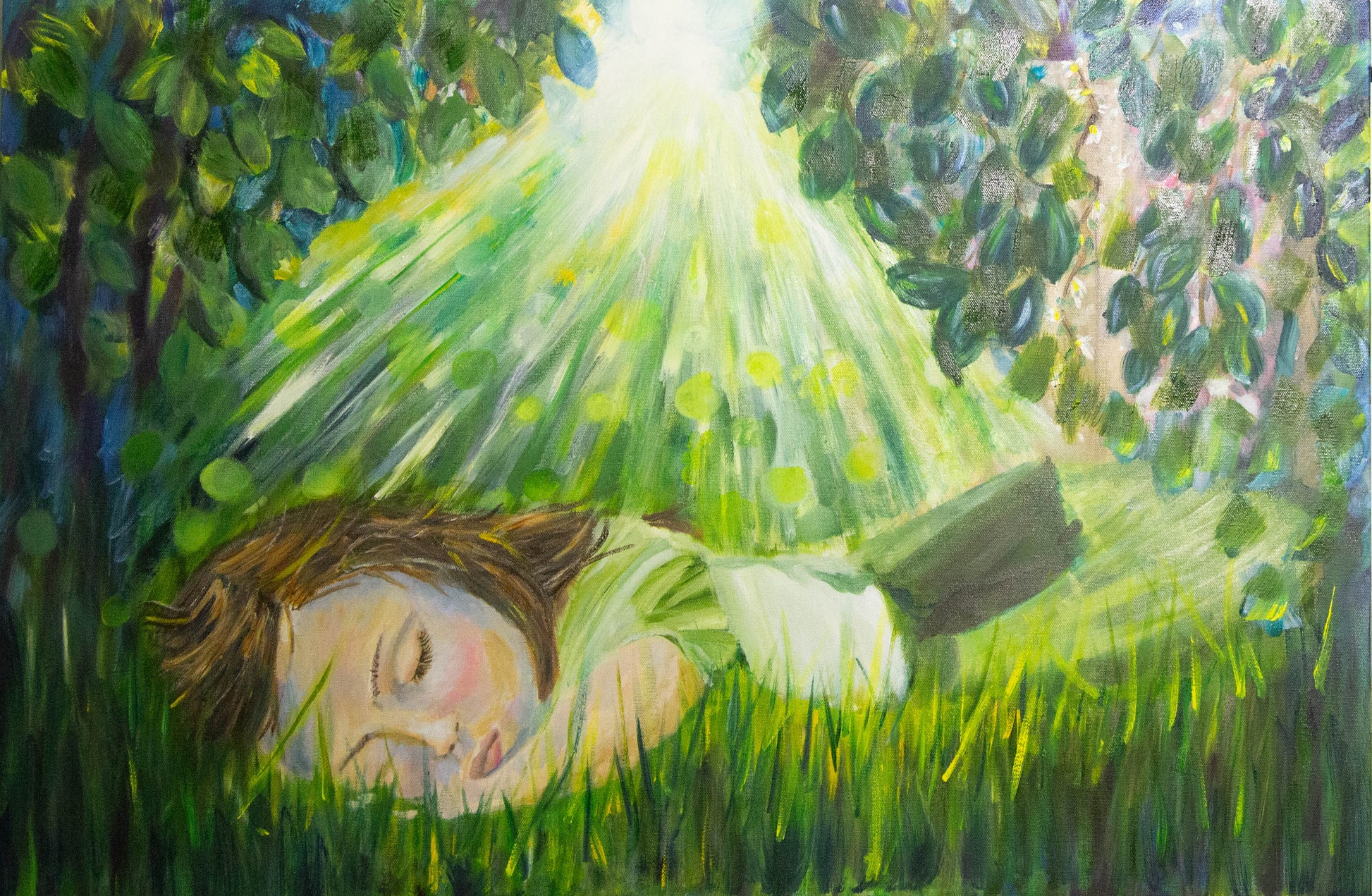 Original oil painting by Raquel Royson Little girl  lying in grass with sunlight filtering through trees.