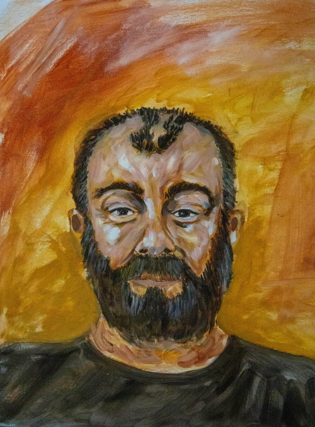 Original painting by Raquel Roysdon of a man with a beard against a warm, abstract background