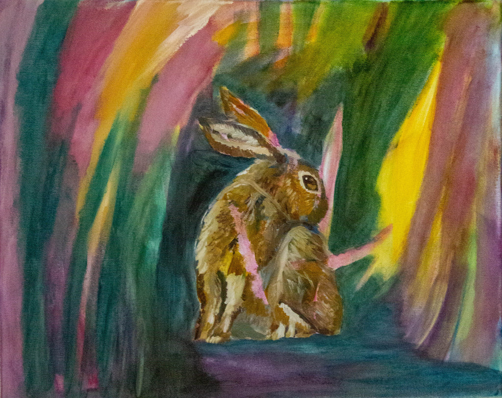 Original oil Painting by Raquel Roysdon of a rabbit in a colorful, abstract setting