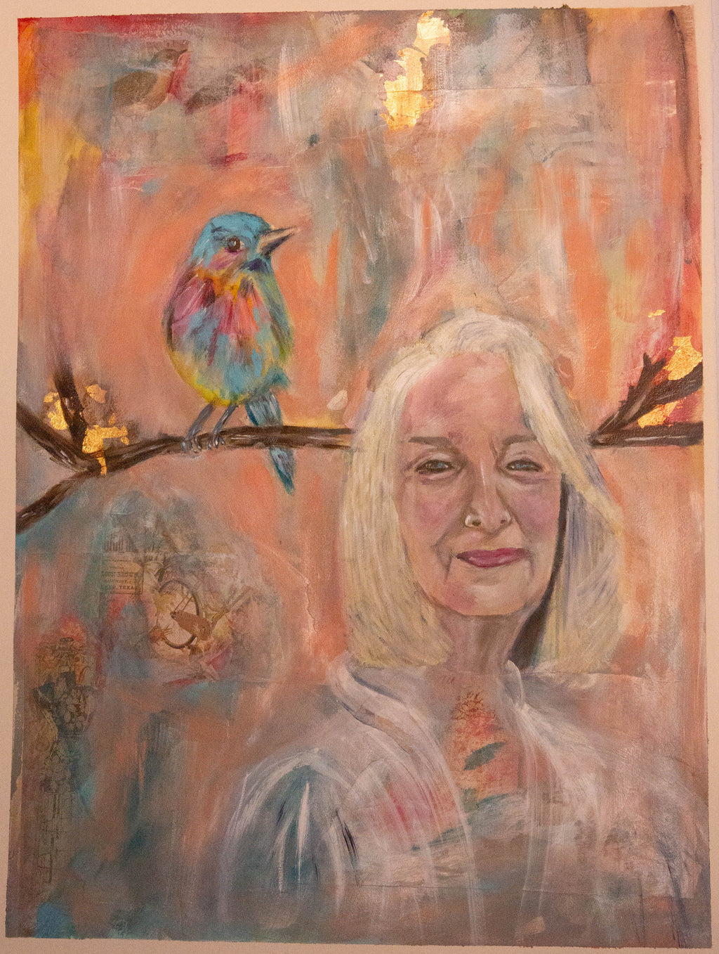 Original oil painting by Raquel Roysdon of a woman with a colorful bird on a branch against an abstract background.