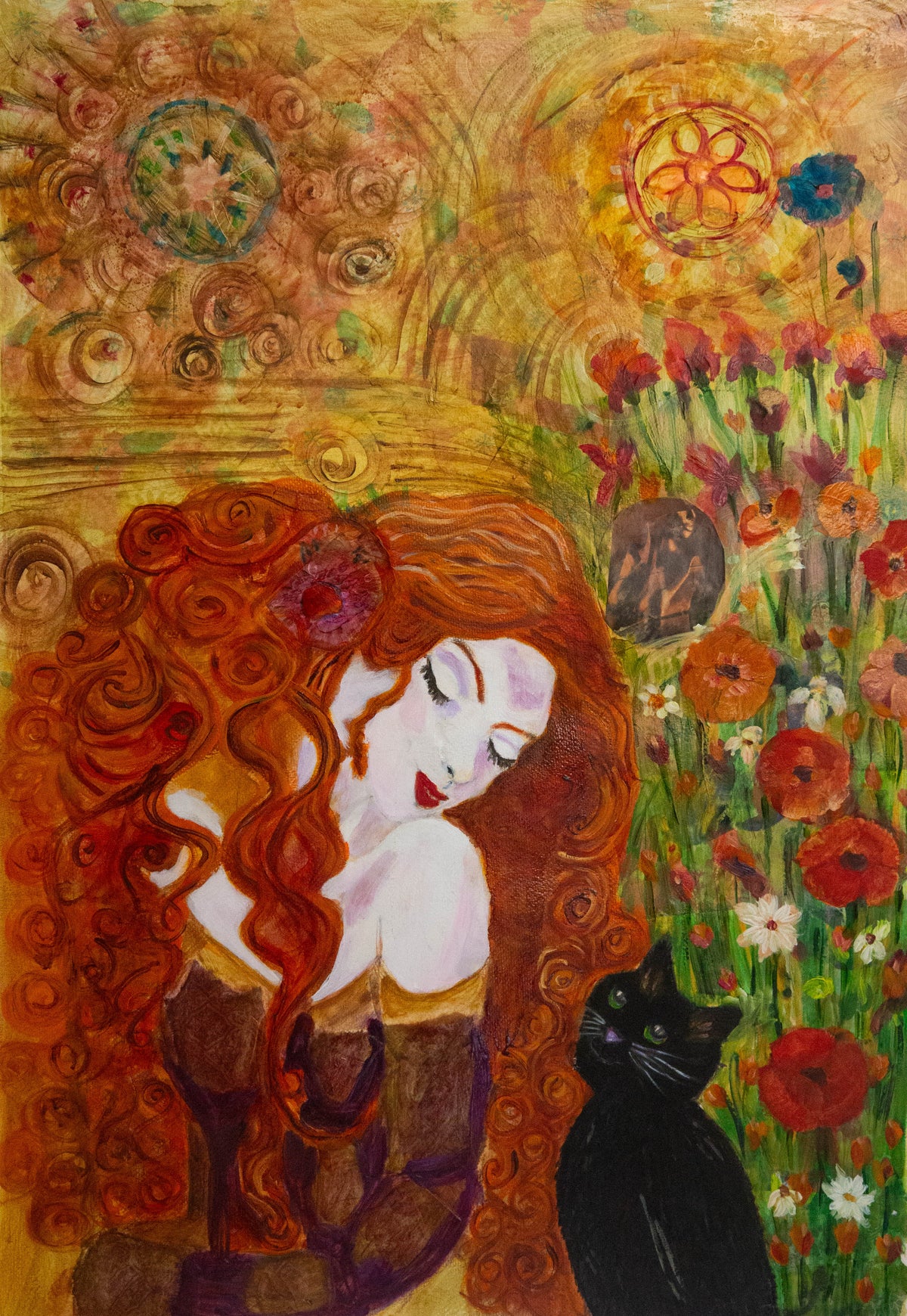 Original oil painting by Raquel Roysdon of a woman with red hair and a black cat amidst flowers and abstract patterns.