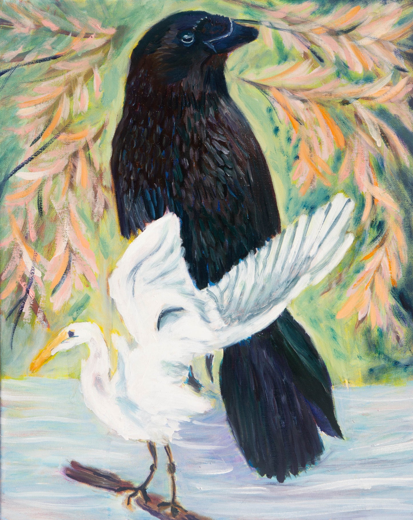 Original oil Painting by Raquel Roysdon of a black crow and white egret standing on a branch with a natural background.