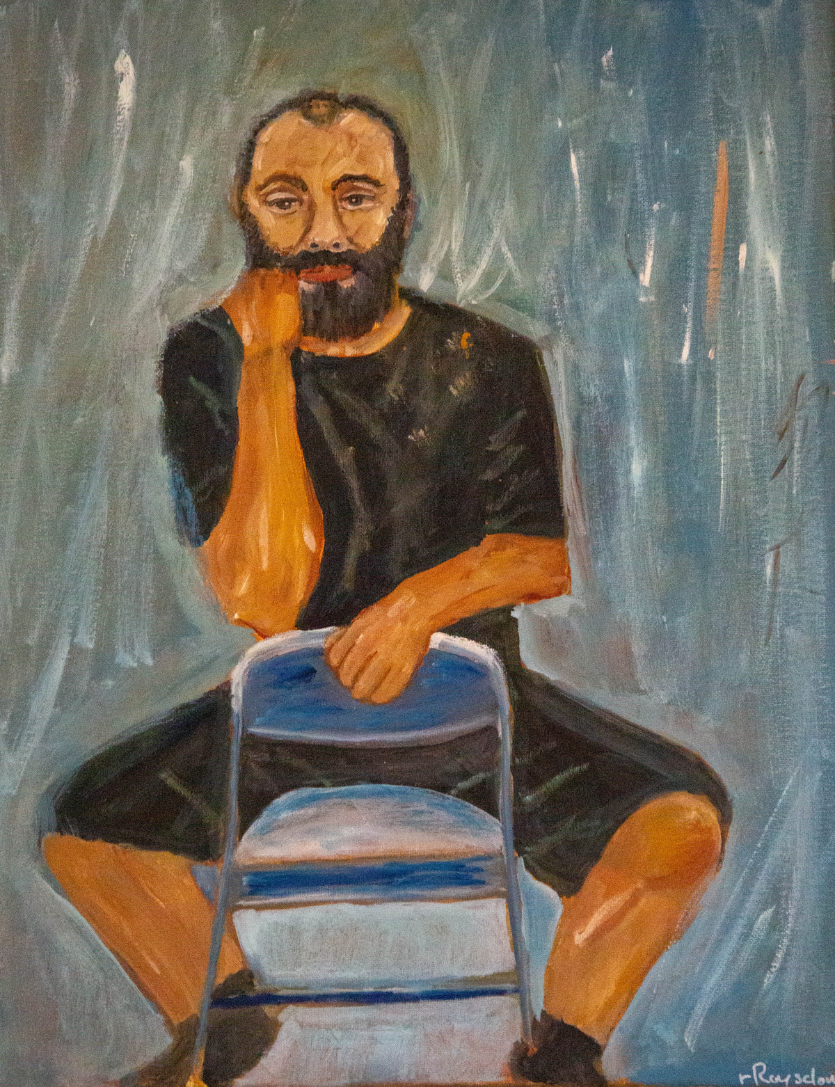 Original oil Painting by Raquel Roysdon of a person sitting on a chair with a blue background