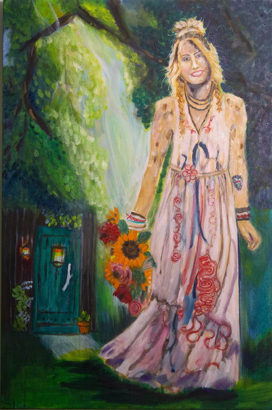 Original oil painting by Raquel Roysdon Woman in a floral dress standing in a garden with flowers and a door in the background