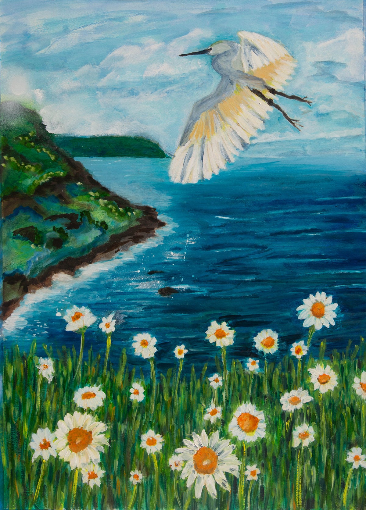 Original oil Painting by Raquel Roysdon of a heron flying over a coastal landscape with flowers and water.