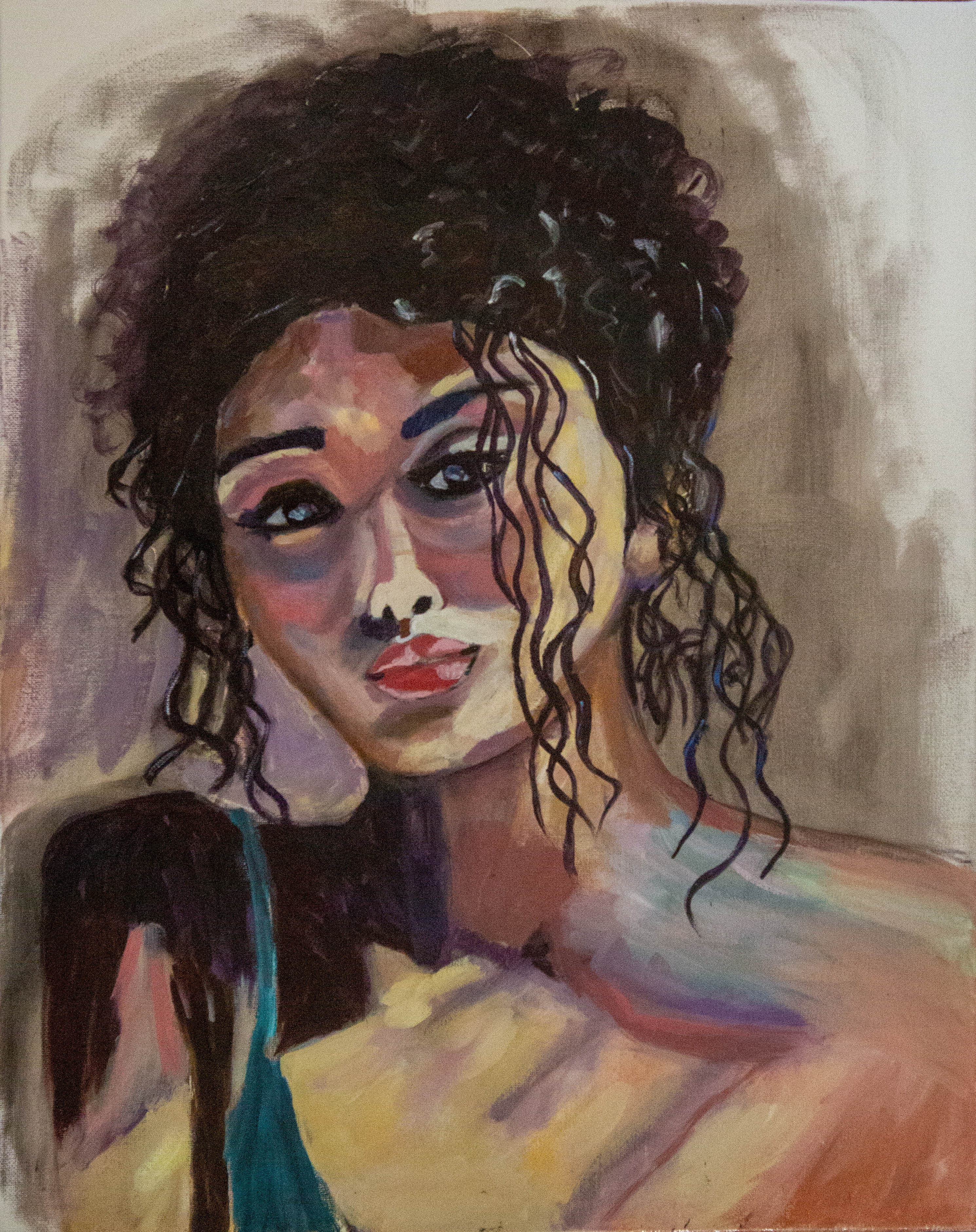 Original oil painting by Raquel Roysdon of a woman with curly hair on a textured background